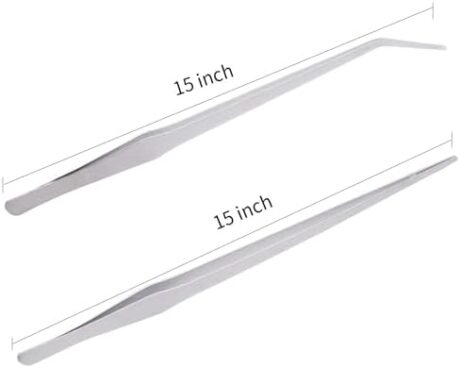 4-Pack 15 inch Heavy Duty Stainless Steel Long Tweezers, Curved and Straight Design with Anti-slip Grasp Tips Large Tongs for Reptiles Feeding, Aquascape Maintenance