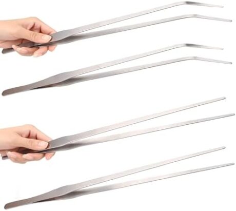 4-Pack 15 inch Heavy Duty Stainless Steel Long Tweezers, Curved and Straight Design with Anti-slip Grasp Tips Large Tongs for Reptiles Feeding, Aquascape Maintenance