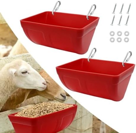 2 Pack Chicken Feeder Feed Trough with Clips Hanging Fence Feeder for Goat Chicken Duck Goose Deer Sheep Piglets Poultry Waterer Bucket Feeding Container for Livestock Goat Feeder Supplies (Red)