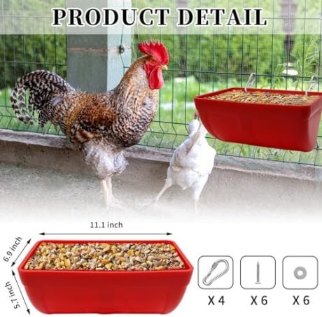 2 Pack Chicken Feeder Feed Trough with Clips Hanging Fence Feeder for Goat Chicken Duck Goose Deer Sheep Piglets Poultry Waterer Bucket Feeding Container for Livestock Goat Feeder Supplies (Red)