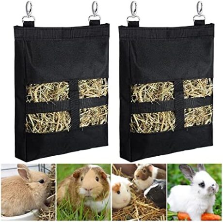 Frienda 2 Pcs Guinea Pig Hay Bag for Guinea Pigs Hay Bag for Rabbits Guinea Pig Hay Feeder Small Animal Hay Feeder Hanging Feeder Sack for Chinchilla Hamsters Small Animals Hay (Black)