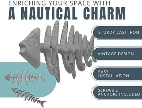 Comfify Decorative Fish Bones Wall Mounted Towel Rack Stylish Cast Iron Hanger with 4 “Fish Bones” Hooks for Towels, Robes and More - Includes Screws and Anchors - in Antique White