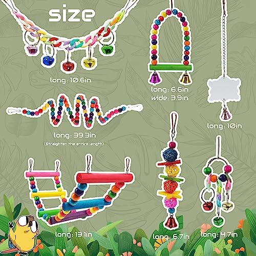 Parakeet Toys,7 Pcs Colorful Bird Toys for Parakeets,Pet Bird Cage Hammock Swing Climbing Ladders Chewing Toy Mirror Hanging Bell Wooden Perch for Budgerigar,Conures, Love Birds,etc
