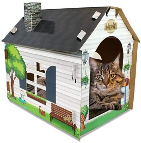 ASPCA Cardboard Cat House Hideaway Playhouse with Cat Scratcher Scratching Pad 19"L x 13"W x 17"H