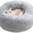 BODISEINT Modern Soft Plush Round Pet Bed for Cats or Small Dogs, Mini Medium Sized Dog Cat Bed Self Warming Autumn Winter Indoor Snooze Sleeping Cozy Kitty Teddy Kennel (24'' D x 8'' H, Light Grey)