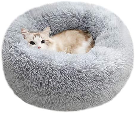 BODISEINT Modern Soft Plush Round Pet Bed for Cats or Small Dogs, Mini Medium Sized Dog Cat Bed Self Warming Autumn Winter Indoor Snooze Sleeping Cozy Kitty Teddy Kennel (24'' D x 8'' H, Light Grey)