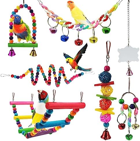 Parakeet Toys,7 Pcs Colorful Bird Toys for Parakeets,Pet Bird Cage Hammock Swing Climbing Ladders Chewing Toy Mirror Hanging Bell Wooden Perch for Budgerigar,Conures, Love Birds,etc