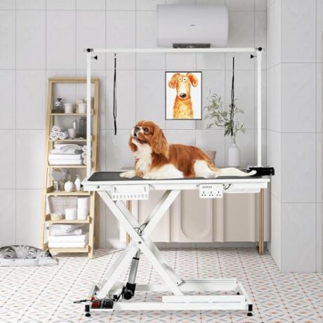 50'' Electric Dog Grooming Table, Heavy Duty, Height Adjustable Pet Grooming Table with Socket w/Leveling Wheels, Grooming Arm, Anti Slip Tabletop & Tool Organizer, for All Pets White